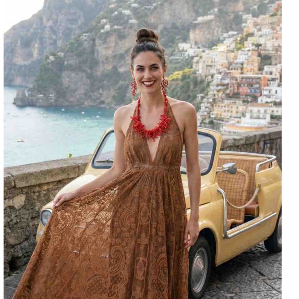 ANTICA SARTORIA 2026 DIJON BROWN CHIC BACKLESS HALTER TOP DRESS NWT O/S